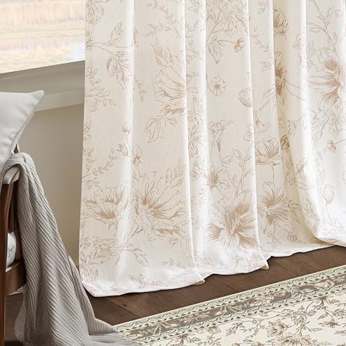 84 Inch Linen Curtains Beige Tan Floral Pattern Pinch Pleat Drapes Bedroom - color: Coffee, size: 40"W x 84"L (Pack of 2)