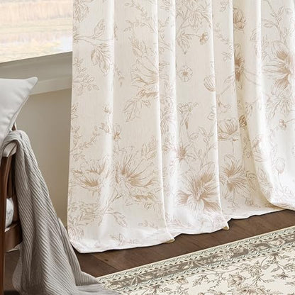 BILEEHOME Coffee Flower Print Pinch Pleated Linen Curtains 96 Inch Long - color: Coffee, size: 40"W x 96"L (Pack of 2)