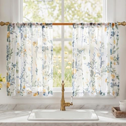 MYSKY HOME Yellow and Blue Floral Sheer Curtains 36 Inch Length - color: A-yellow & Blue, size: 52"W x 36"L (Pack of 2)