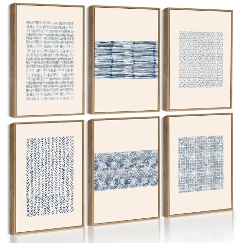 Drsoum Mid-century Boho Geometric Abstract Decor Blue White Grunge Minimalist Bohemian Wall Art Framed Canvas Prints 8"x 10"x 6pcs Natural Framed - color: Blue Bohemain, size: 8''x 10''x 6pcs, Natural Framed