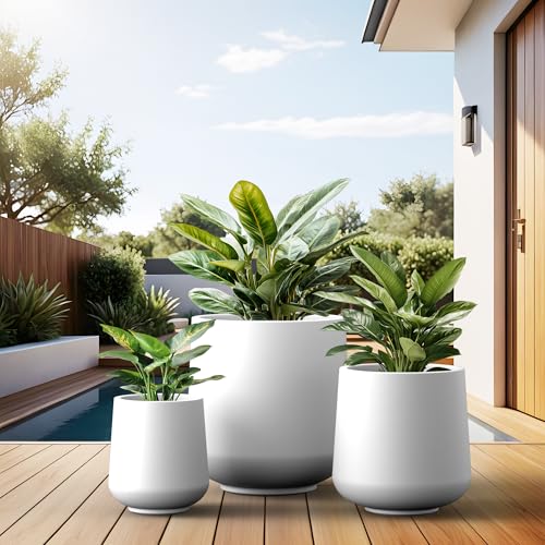 Kante Round Concrete Planter Set of 3-9.4"/13"/16.5" Dia Barrel-Style Garden Pots with Drainage Hole for Flowers and Trees (7.1"/10.2"/13.8" Opening), White - color: White, size: 16.5"+13"+9.4" D