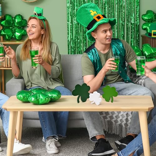 St Patricks Day Decorations Wooden Shamrock Tabletop Set – 3 Piece Green Clover Freestanding Tiered Tray Decor for Home Office Mantel Shelf Display