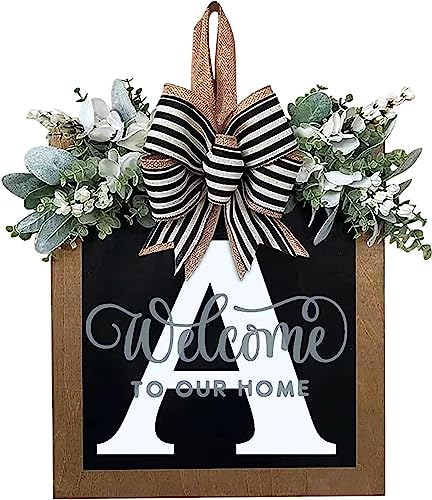 Last Name All Year Round Front Door Wreath with 26 Initial Letter Welcome Sign All Seasons Eucalyptus Garland and Bow ，Farmhouse, Porch, for Spring Summer Fall All Seasons Holiday Halloween Christmas.（A） - color: A
