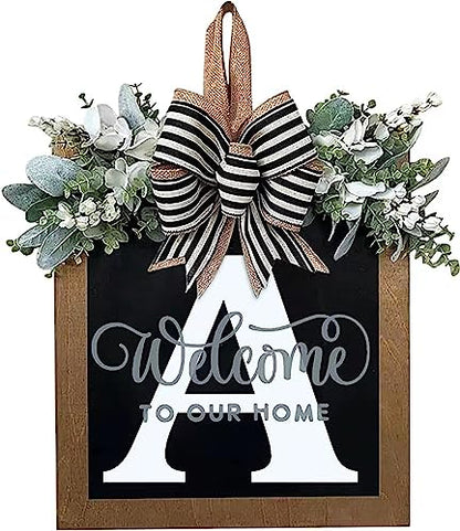 Last Name All Year Round Front Door Wreath with 26 Initial Letter Welcome Sign All Seasons Eucalyptus Garland and Bow ，Farmhouse, Porch, for Spring Summer Fall All Seasons Holiday Halloween Christmas.（A） - color: A