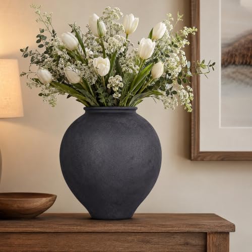 Large Black Round Vase - 11.8" Matte Black Ceramic Vase, Rustic Farmhouse Black Vases for Centerpieces, Textured Pottery Vase for Centerpieces, Living Room Entryway Shelf Decor - color: Black, size: 11.8in