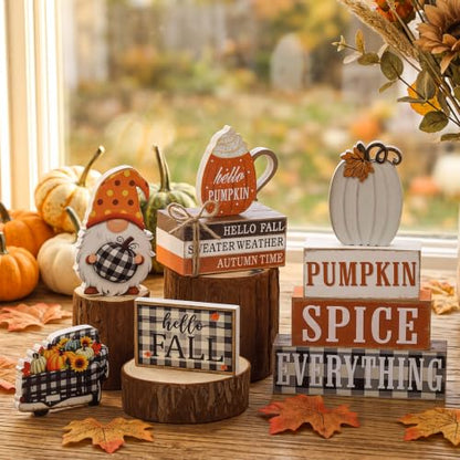 11 Pcs Fall Wooden Table Decorations Pumpkin Tiered Tray Decor - style: Hello Fall