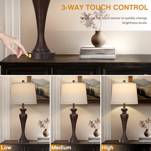 30" Brown Table Lamp Single, 3-Way Touch Control Bedside Lamp with USB A+C Ports and AC Outlet, Tall Living Room Lamps for End Table, Elegant Coffee Bedroom Lamps for Night Stand - color: Brown1-1PK