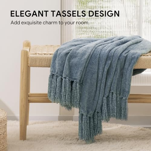 RECYCO Throw Blanket Soft Cozy Chenille Throw Blanket with Fringe Tassel for Couch Sofa Chair Bed Living Room Gift (Dusty Blue, 60'' x 80'') - color: Dusty Blue, size: 60'' X 80''
