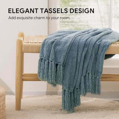 RECYCO Throw Blanket Soft Cozy Chenille Throw Blanket with Fringe Tassel for Couch Sofa Chair Bed Living Room Gift (Dusty Blue, 60'' x 80'') - color: Dusty Blue, size: 60'' X 80''