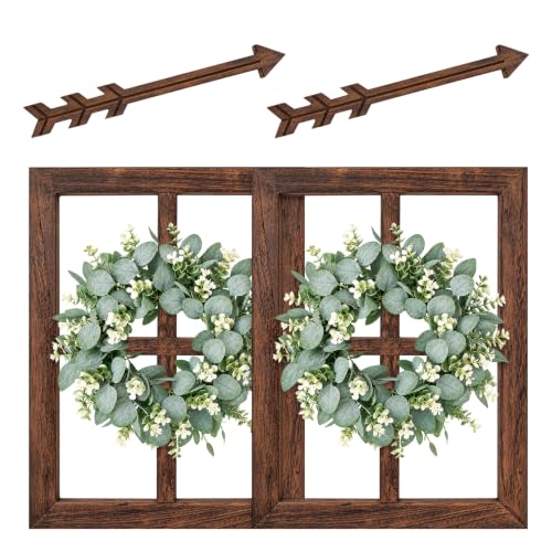 WAKOSAN Rustic Wood Window Frame Wall Decor with Wreath & Arrows, Set of 2 - color: Brown