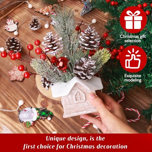 KPX Small Christmas Tree Tabletop Artificial Mini Christmas Tree Decorations with Holiday Ornaments Red Berry Pine Cone Greenery for Home Indoor Fireplace Mantel Xmas Decor (Cabin-Snow) - color: Cabin-snow