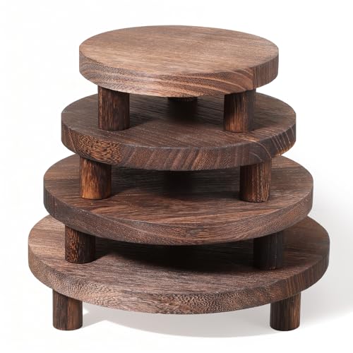 4 Pcs Round Wooden Risers for Display, Wood Pedestal Stand Mini Tiered Tray Stand Rustic Wooden Riser Holder for Home Decor Kitchen Counter, 4 Size(Brown)