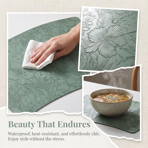 Faux Leather Set of 6, Placemats with Carving Floral Design - color: Green