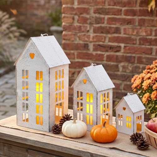 TRIROCKS 3 Pcs Decorative Mantel Shelf Tea Light Lanterns 13.5"&9.5"&5.5" H Village Farmhouse House Candle Holders for Home Decor Patio Wedding Parties Ornaments Indoors Outdoors(Cream White) - color: White