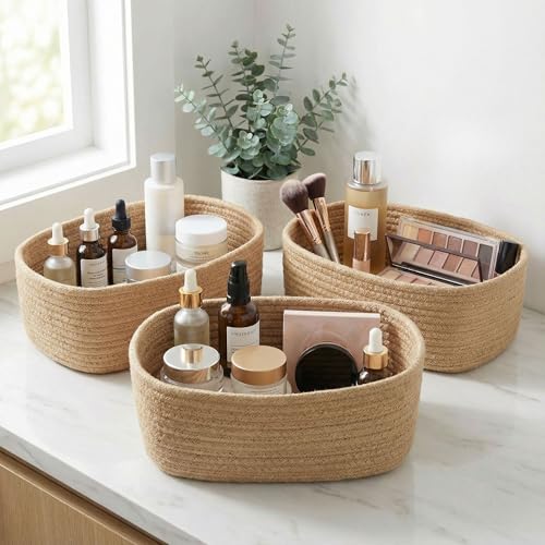 Beautiful Storage Basket Set of 3 - Sturdy Jute Rope Baskets for Shelves - color: Jute-Brown