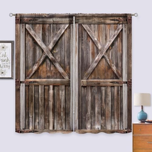 Rustic Barn Door Brown Wooden Farmhouse Living Room Bedroom Window Curtains - color: E-brown, size: 42"W x 63"L (Pack of 2)