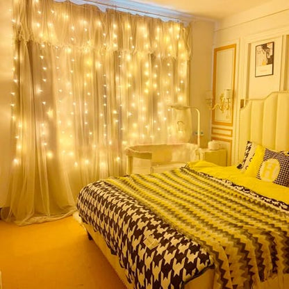 300 LED Twinkle Fairy Curtain Lights with Remote - 8 Lighting Modes, Hanging Warm String Light with USB Powered for Bedroom Wall, Wedding Backdrop and Christmas Party Window Decor