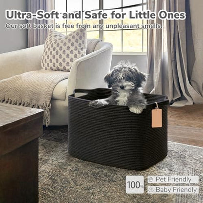 Goodpick 50L Large Woven Rope Storage Basket with Handles, Black - color: Black, size: 18"L x 14"W x 12"H