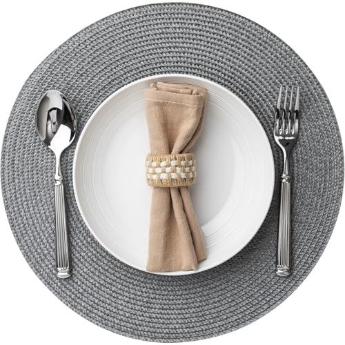 Baroyal Round Placemats Set of 8 Plastic Woven Placemats Washable Wipeable Table Mats for Dining Table Heat Resistant Non-Slip Circle Place Mats (Gray) - color: Gray