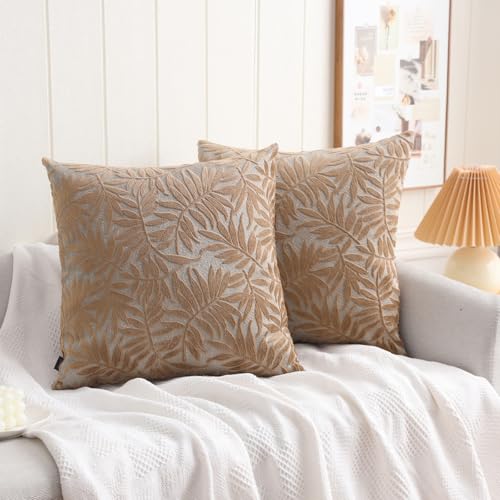 HPUK Leaf Pattern Throw Pillow Covers 18x18 Inch, Cut Velvet, Set of 2 - color: Leaves-brown
