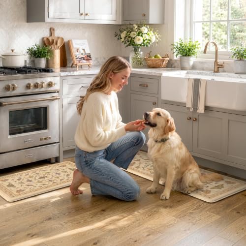 KIMODE Kitchen Mats for Floor 2 Piece Anti Fatigue Cushioned Kitchen Rugs - color: Cream Beige Botanical