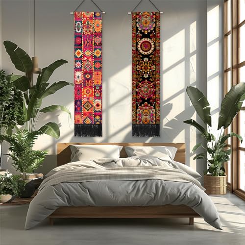 Umootek 2pcs Wall Hanging Decor, Bohemian Vertical Tapestry Wall Decor Cotton Linen Wall Hanging Art, Modern Home Decor for Bedroom, Living room, Sitting Room, Apartment(12.8x51 in)
