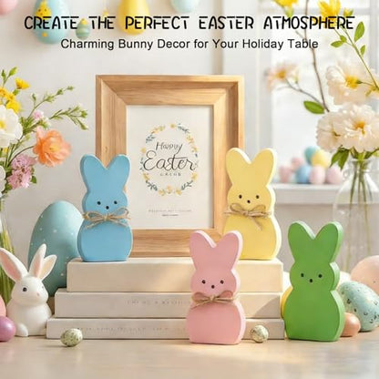 Easter Spring Decorations for Home – 4 Pcs Wooden Bunny Table Decor, Wood Rabbit Tabletop Signs with Jute Bows for Tiered Tray Mantel Shelf Office Easter Party Supplies
