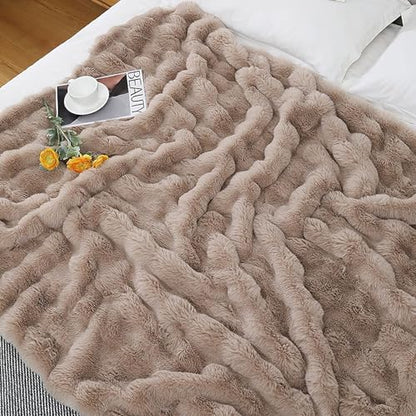 UKELER Faux Fur Throw Blanket Plush Thick Fleece Blanket Fluffy Cozy Soft Warm Blankets Throws for Bed, Couch, Sofa, Office, Camping 50''x60'' Camel - color: D-camel, size: 50''x60''