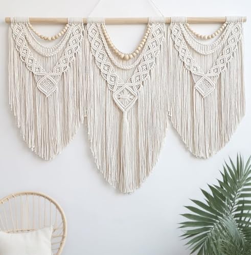 oiikain Large Macrame Wall Hanging, Boho Tapestry Wall Decor, 43 x 32 Inch - color: Beige Wood Beads