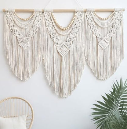 oiikain Large Macrame Wall Hanging, Boho Tapestry Wall Decor, 43 x 32 Inch - color: Beige Wood Beads