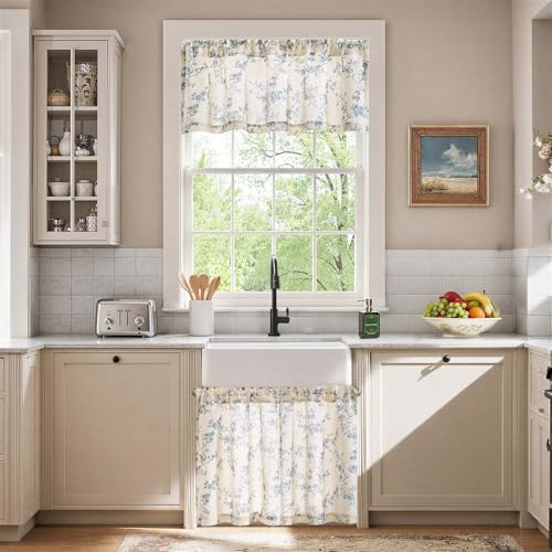 jinchan Blue Linen Floral Kitchen Tier Curtains and Valance Set 3 Pieces - color: Alisa | Blue on Linen, size: 26"W x 24"L (Pack of 3)