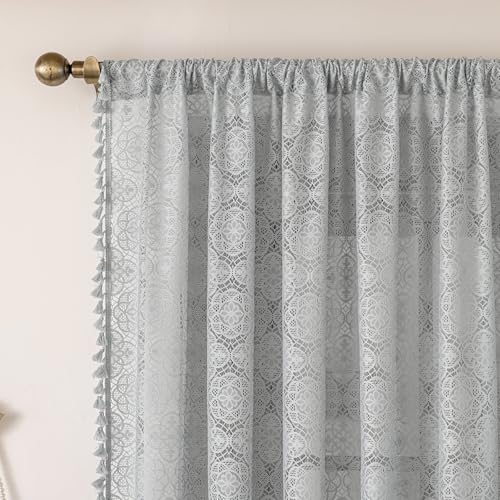 Sheer Boho Lace Curtains 84 Inches Long, Stone Blue, Set of 2 Panels - color: Stone Blue, size: 59"W x 84"L (Pack of 2)