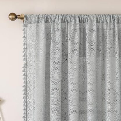 Sheer Boho Lace Curtains 84 Inches Long, Stone Blue, Set of 2 Panels - color: Stone Blue, size: 59"W x 84"L (Pack of 2)