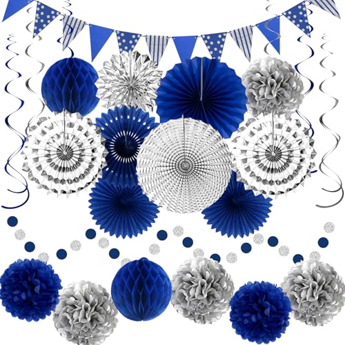 24 Pcs Blue Silver Party Decorations, Paper Fans Pom Poms Banner 8-16 in - color: Blue and Silver