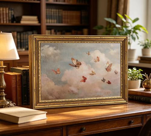 Vintage Gold Framed Canvas Wall Art 12×16 Inch Butterfly Cloud Picture Poster Pastel Wall Decor for Living Room Bedroom Farmhouse Indoor Home Decoration - color: Butterfly, size: 16"L x 12"W
