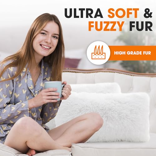 Cheer Collection Throw Pillows for Couch and Bed, Soft Shaggy Throw Pillows with Inserts Included, Cozy Long Hair Faux Fur Pillows - Set of 2-12" x 20" - White - color: White, size: 12" x 20"