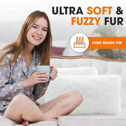 Cheer Collection Throw Pillows for Couch and Bed, Soft Shaggy Throw Pillows with Inserts Included, Cozy Long Hair Faux Fur Pillows - Set of 2-12" x 20" - White - color: White, size: 12" x 20"