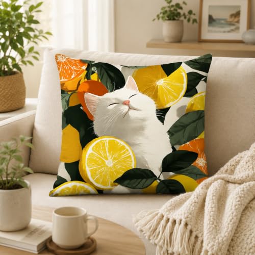 Sleeping Cat Pillow Cover 18x18 Inches, Citrus Botanical Decor - color: Lemon Cat