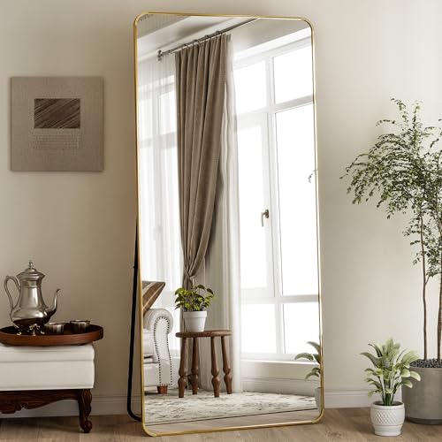 BEAUTYPEAK 76" x 34" Rounded Corner Full Length Mirror with Stand, Gold - color: Gold, size: 76"L x 34"W