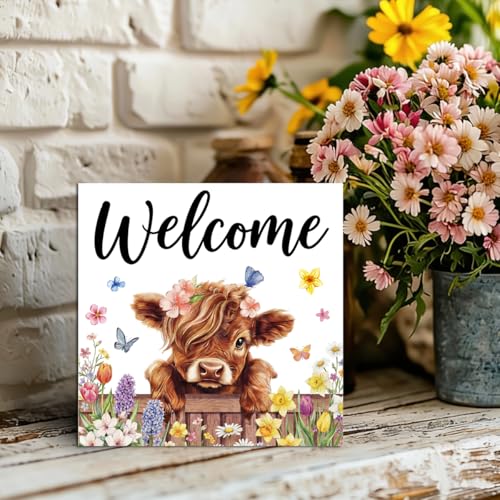 Cute Highland Cow Wooden Box Welcome Sign - color: Highland Cow