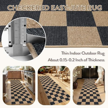 Lahome Checkered Easy Jute Kitchen Runner Rug, 2x8 Outdoor Rugs Washable - color: Black/Checkerboard -1, size: 2'6" x 8' (Runner)