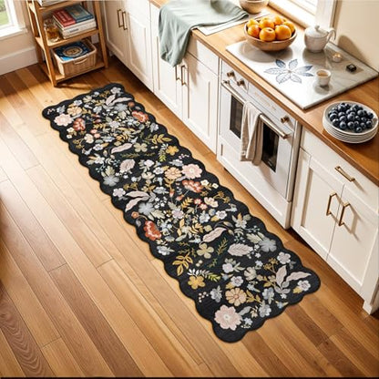 2x6 Scalloped Hallway Runner Rug: Non-Slip Washable Floral Area Rug Black - color: Black, size: 2' x 6' (Runner)