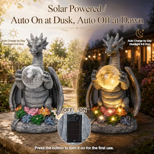 Solar Dragon Garden Statues Outdoor Decor, Resin Pterosaur Figurine Decoration with Glass Ball Lantern, Cute Sculpture for Patio, Yard, Lawn, Perfect Garden Gift for Women Mom Grandma