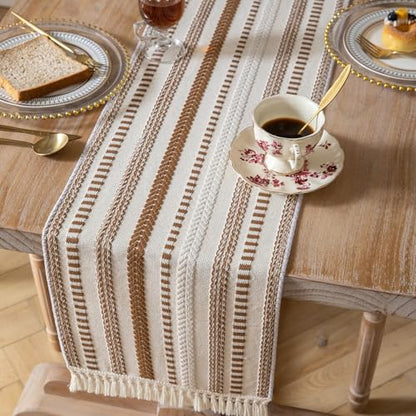 Caflife Brown and Beige Woven Fall Rustic Boho Table Runner 108 Inchs Long - color: Brown, size: 13x108Inch