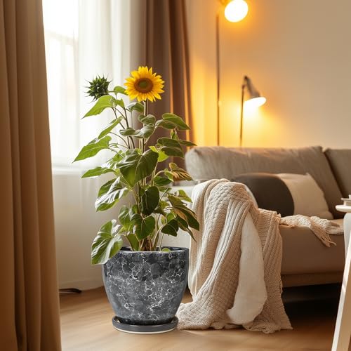 Ceramic Pots for Plants - 10 Inch Planter for Indoor Outdoor, Decorative Round Flower Pot with Drainage Hole and Saucer, Garden Patio Living Room Home Decor, Housewarming Gifts, Grey - color: Grey Gemstone, size: 10 Inch
