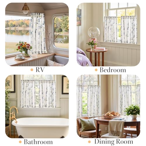 jinchan Dusty Blue Linen Kitchen Tier Curtains 24 Inch Modern Boho 2 Panels - color: Tribal | Dusty Blue on Linen, size: 26"W x 24"L (Pack of 2)