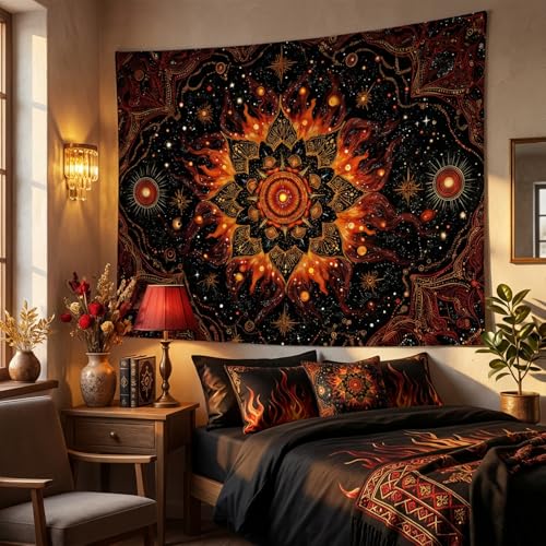 Spenlife Celestial Sunburst Tapestry, Fire Mandala Tapestries for Bedroom, Boho Wall Decor, Cosmic Tapestries (60" x 44") - color: Black Orange, size: 60"L x 44"W