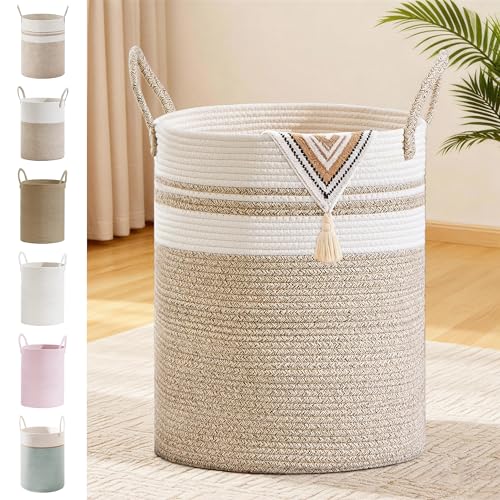 88L Large Tall Cotton Rope Laundry Basket with Handles, White & Brown - color: Brown & White, size: 88L