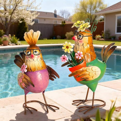 Natelf Metal Rooster & Hen Outdoor Statues Chicken Sculptures Set