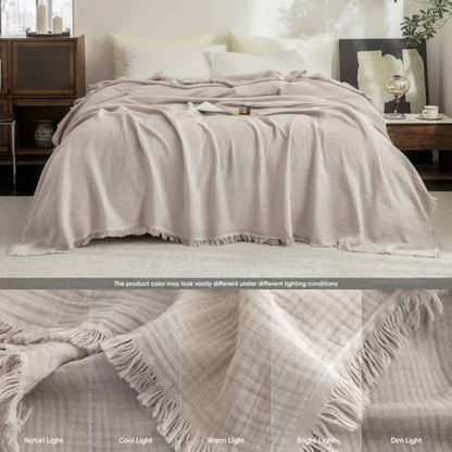 FOSSA Muslin Blanket 4-Layer 100% Cotton Gauze Blanket with Fringe 66"x90" - color: Beige Gray, size: Twin XL (66" × 90")